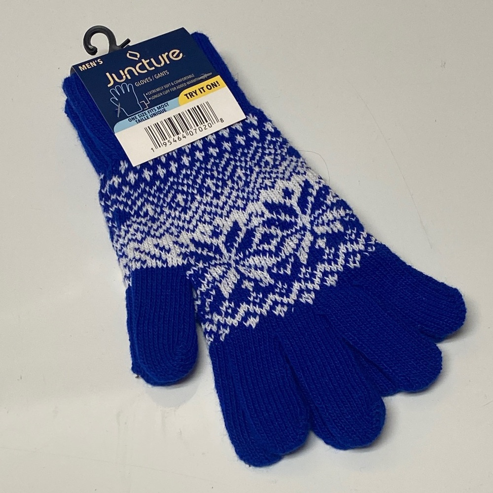 Juncture Men’s Winter Gloves Royal Blue White Snowflake Soft Knit One Size